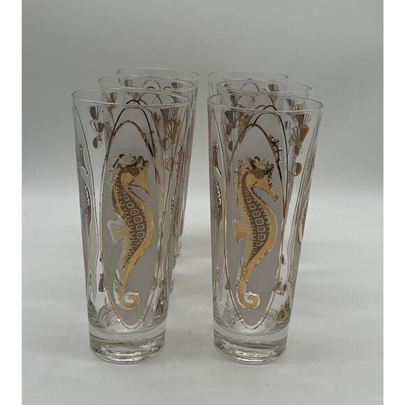 Vintage Signed Fred Press Gold Seahorse Collins Glasses Set Of 6 EUC - Picture 4 of 6